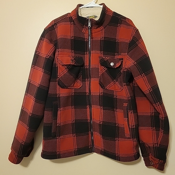Cabela's Fleece Jacket Mens Medium Red Black Sherpa Lined Full Zip Flannel Heavy - Picture 2 of 13